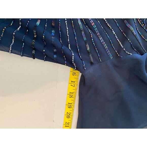 Jkara Formal Maxi Dress Navy Chiffon Sequin Design Ruffles Short Sleeve Size 8 - Picture 6 of 9